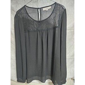 Loft Womens Black Chiffon Blouse With Lace Inset, Long Sleeve Size‎ XL